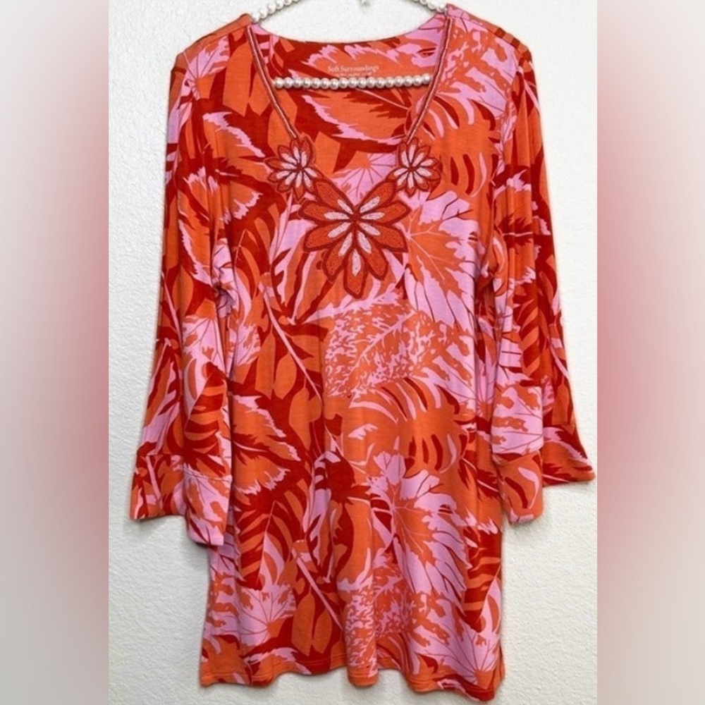 🌺 Soft Surrounding Del Rio Tropical Colorful Beaded Long Sleeves Tunic Size S